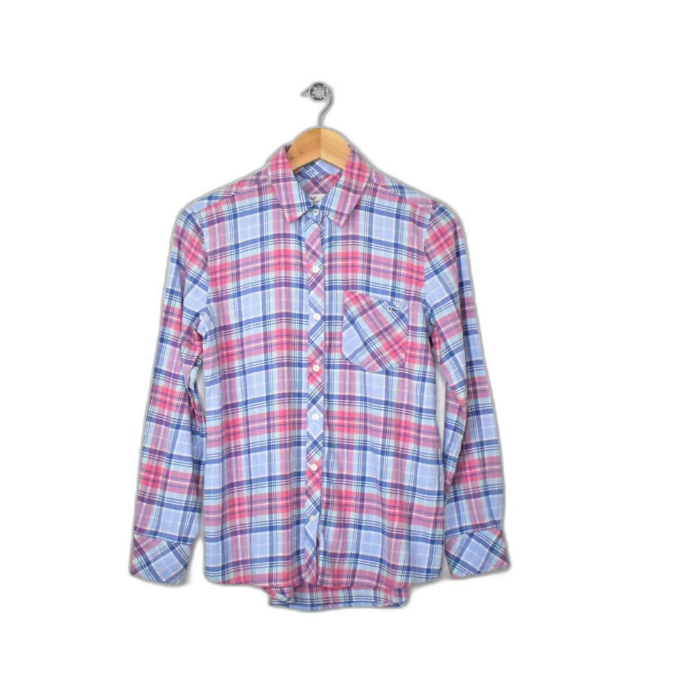 Vineyard Vines Relaxed Chilmark‎ Button Up Shirt Women Size 2 Plaid Pink Blue LS